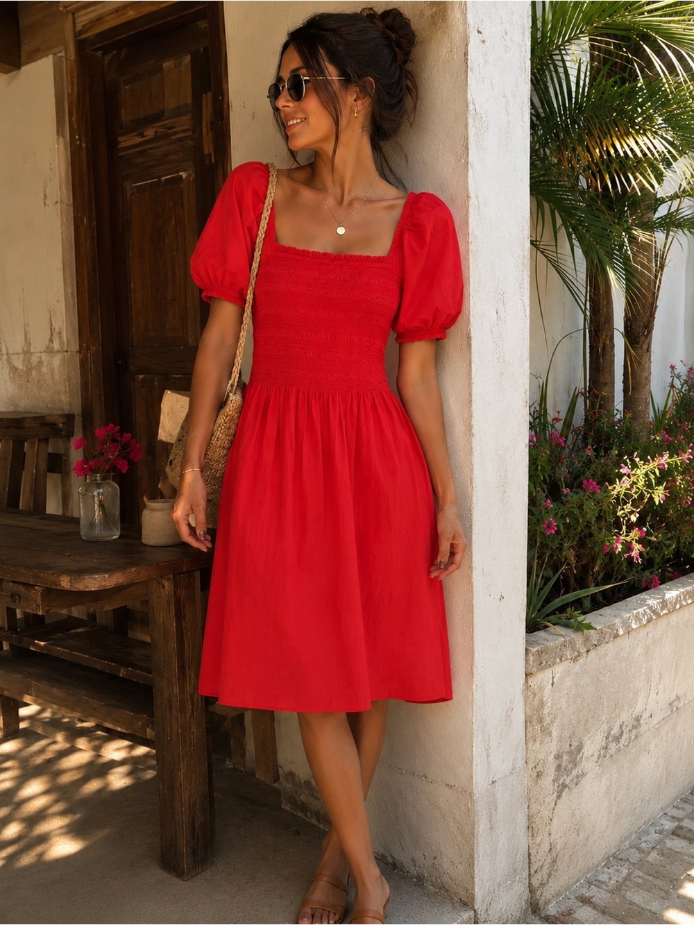 Madewell Red Smocked Puff Sleeve Mini Dress Cottagecore Picnic XS